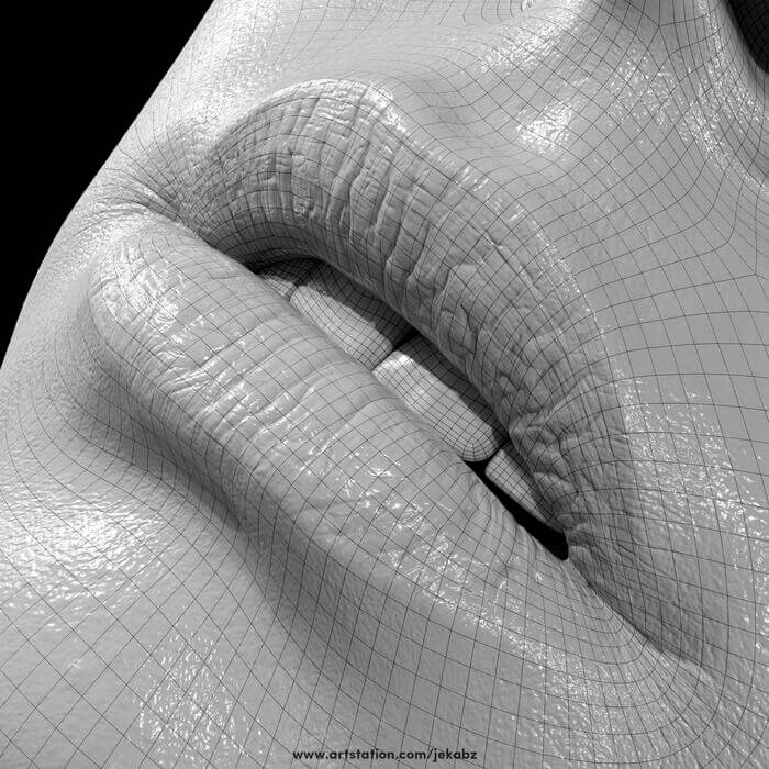 Realistic human 3D model hair and teeth lips with teeth wireframe anatomy for sculptors